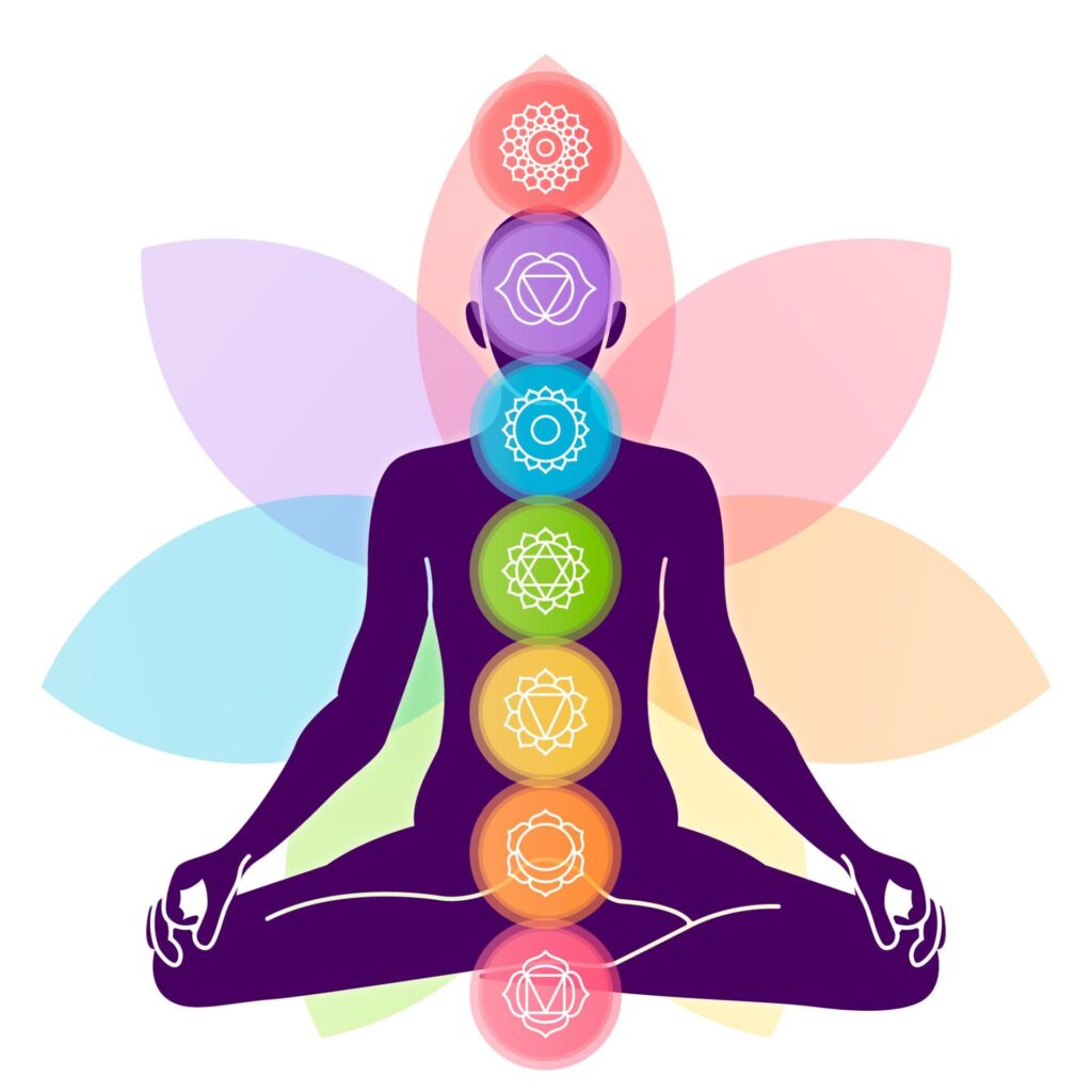 Silueta humana en la postura del loto con los símbolos de los 7 chakras superpuestos sobre ella en vertical y pétalos de la flor de loto de fondo en colores pastel