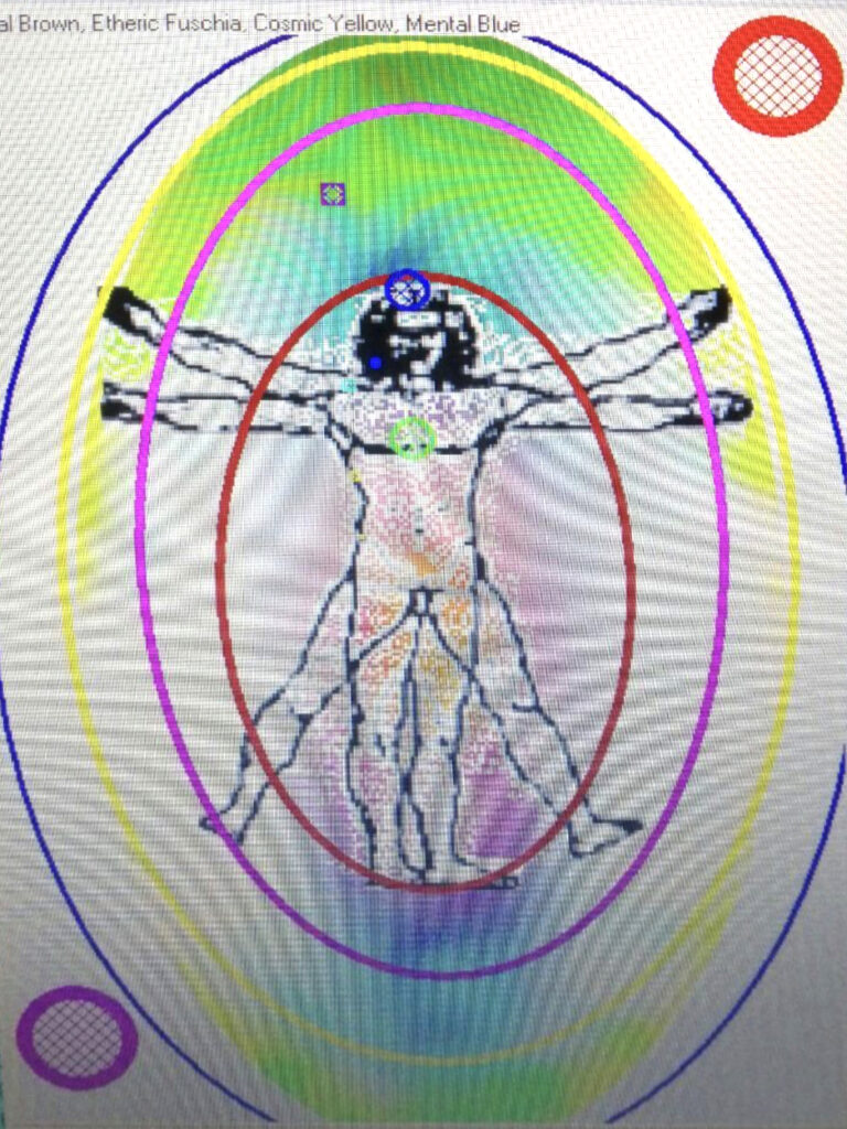 Captura de pantalla de programa informático para interpretar el aura: dibujo del hombre de Vitruvio con diferentes círculos y elipses de colores, con diversas manchas difusas de colores de fondo