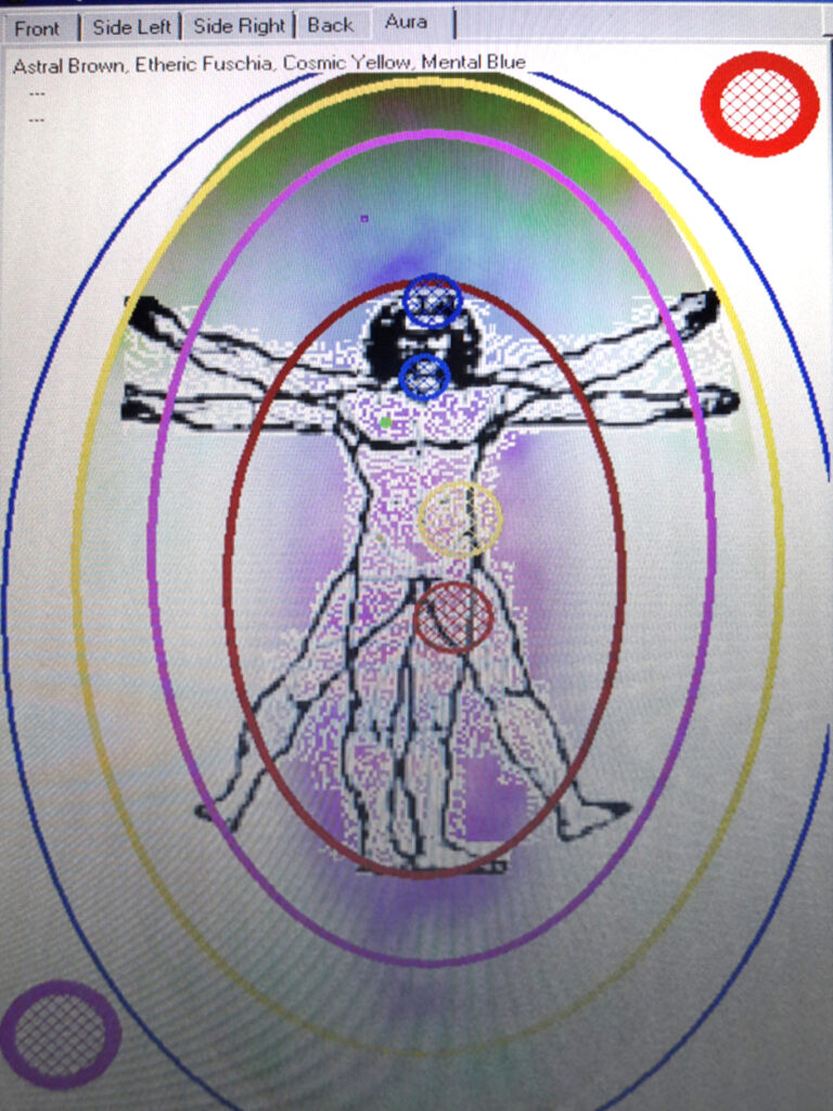 Captura de pantalla de programa informático para interpretar el aura: dibujo del hombre de Vitruvio con diferentes círculos y elipses de colores, con diversas manchas difusas de colores de fondo