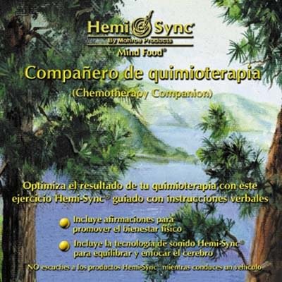 Carátula del disco de Hemi Sync Compañero de quimioterapia: vista de lago entre montañas, con ramas de pinos en primer plano