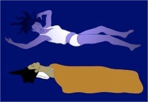 Dibujo de mujer durmiendo tapada, cuyo cuerpo escapa y levita por encima de ella