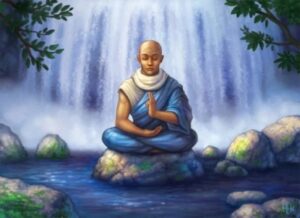 Dibujo de joven budista meditando, sentado sobre una piedra en la orilla de un río, con una gran catarata detrás