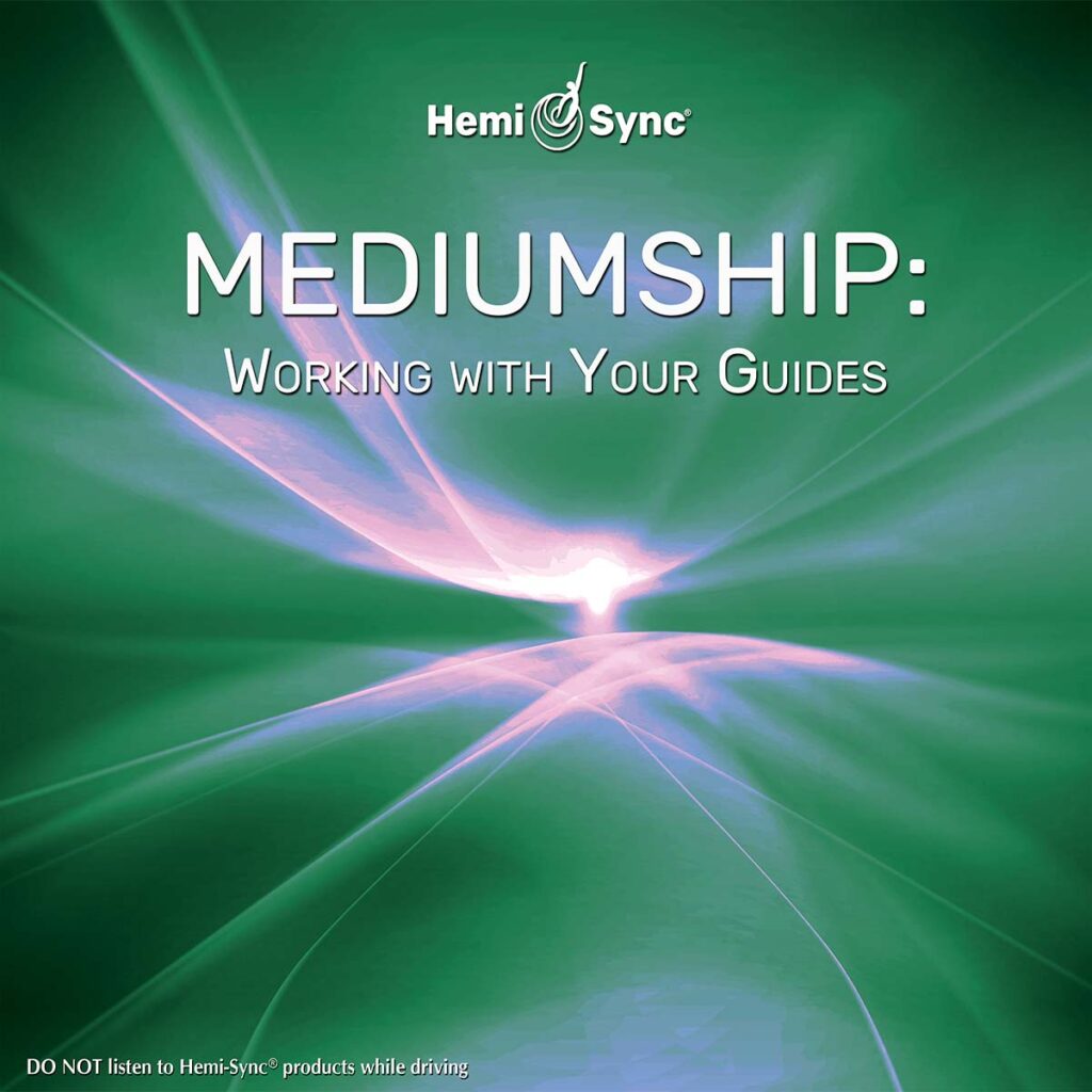 Carátula del disco de Hemi Sync MEDIUMSHIP WORKING WITH YOUR GUIDES: dibujo abstracto en tonos verdes y rosados
