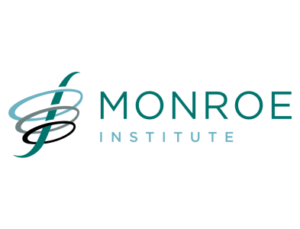 Logotipo del MONROE INSTITUTE: tres círculos, negro, gris y azul, flotando con una especie de símbolo de integral dentro