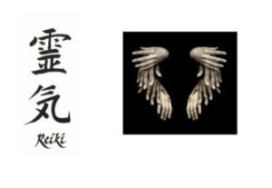 Manos sobre fondo negro simulando dos alas de ángel y la inscripción Reiki a la izquierda, bajo unos caracteres chinos