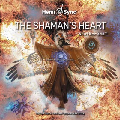 Carátula del disco de Hemi Sync THE SHAMAN'S HEART: manchas de colores diversos con dibujo de águila fusionado con indio tocando tambor
