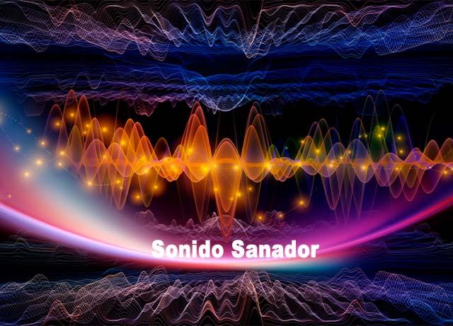 Frecuencias de sonido en diferentes colores con el texto "Sonido Sanador".