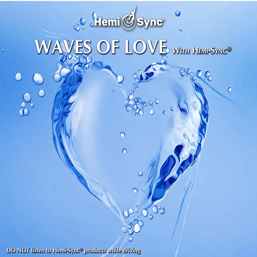 Carátula del disco de Hemi Sync WAVES OF LOVE: gota de agua con forma de corazón y muchas gotitas de agua alrededor
