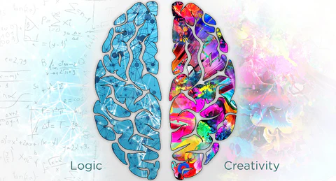 Dibujo de los dos hemisferios cerebrales, el izquierdo lógico, en tonos azulados, el derecho creativo, con mucho colorido