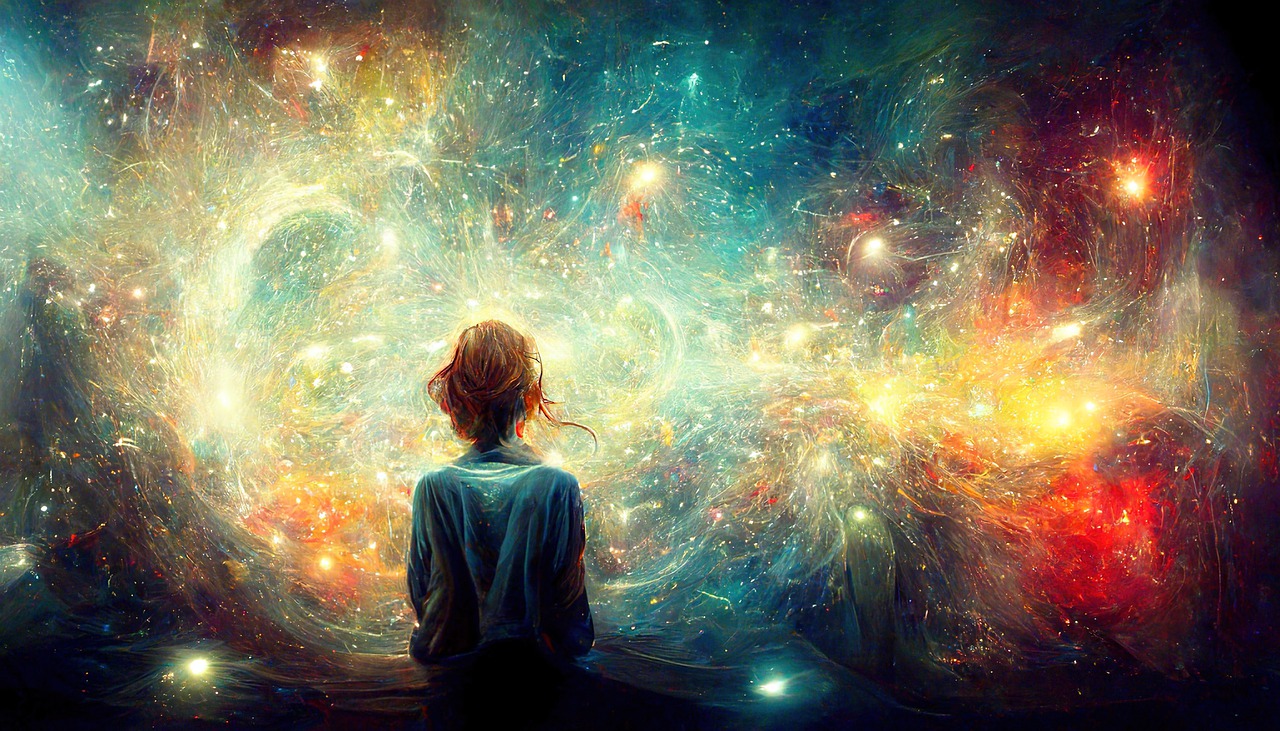 Niño de espaldas mirando nebulosa densa de estrellas de muchos colores