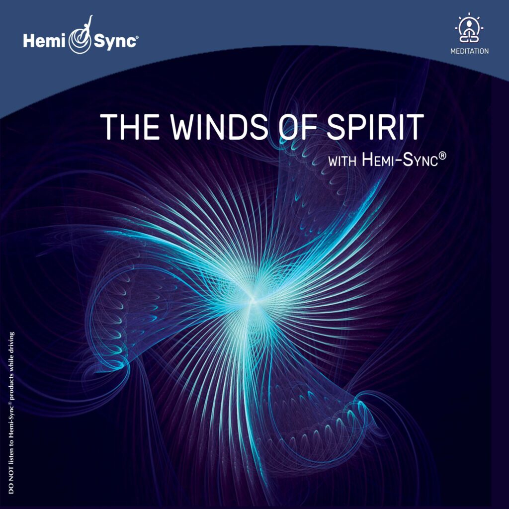 Carátula del disco de Hemi Sync THE WINDS OF SPIRIT: dibujo lineas abstracto simulando aspas de molino brillantes en movimiento, sobre fondo oscuro